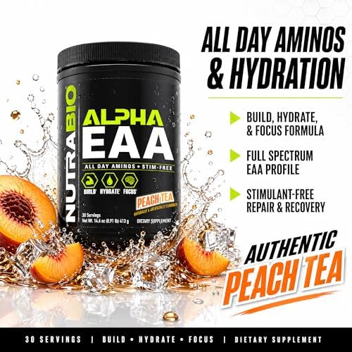 NutraBio Alpha EAA - All-Day Amino Acids for Muscle Growth and Hydration - Essential Amino Acids with Nootropics & Adaptogens- Full Spectrum EAA BCAA Powder - 30 Servings - Peach Tea - Image 3
