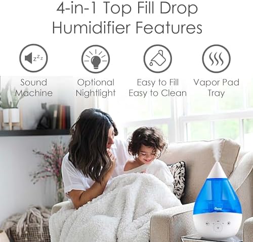 Crane 4-in-1 Drop 2.0 Ultrasonic Cool Mist Humidifier with Sound Machine, Night Light, Aroma Tray, 1 Gallon Top Fill, Blue & White - Image 2