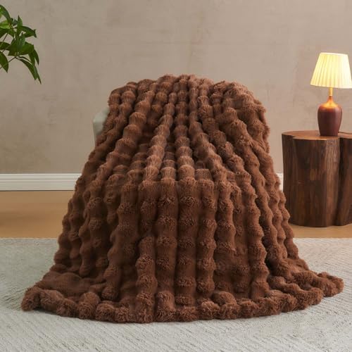 Lotus Karen Faux Fur Throw Blanket Dark Coffee - Big Bubble Rabbit Fluff Blanket for Couch Bed Sofa,Softest Fluffy Fuzzy Cozy Blanket,Thick Furry Plush Shaggy Warm Blankets for Women,90x90 Inches - Image 4