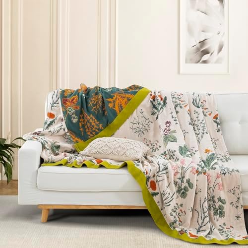 100% Muslin Cotton Throw Blanket for Bed Couch Chair, Botanical Plant Floral Printed Quilt Ultra Soft Reversible Gauze Blanket for All Season, 90"x98" - Image 3