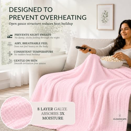 CLOUDSCAPE 8 Layer Muslin Throw for Sofa,100% Cotton 50"x70" -Seashell Pink - Image 4