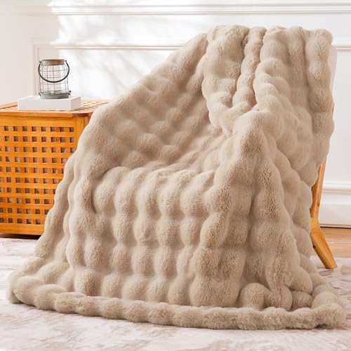 BENVWE Faux Fur Throw Blanket for Couch Bed - Fluffy Soft Thick Bubble Blanket for Living Room Home Decor - Mothers Day Birthday Gifts for Women, Beige, 63" x 80" by BENVWE