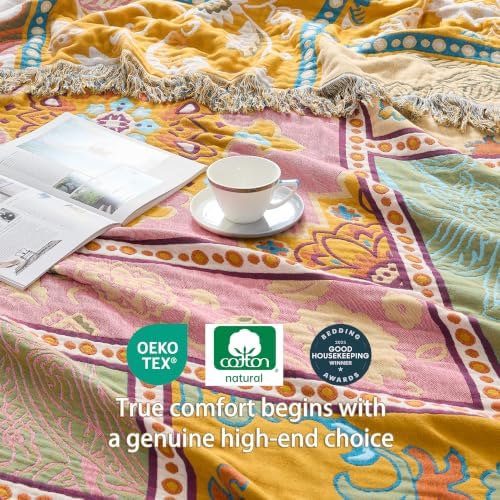 VANJOROY King Boho Throw Blanket, 100% Organic Cotton Breathable Skin-Friendly Ultra Soft 91" x 98" Bed Patchwork Throw - Floral Rustic Luxury Reversible Blanket for Sofa Couch Chair and Gift - Image 6