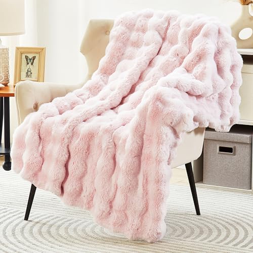 DREAMNINE Soft Faux Bubble Rabbit Fur Throw Blanket for Couch, Thick Cozy Decorative Warm Fuzzy Fur Blanket for Sofa Chair Bedroom Living Room Dorm Women Gift, 50 * 60 Inches, Pink - Image 2