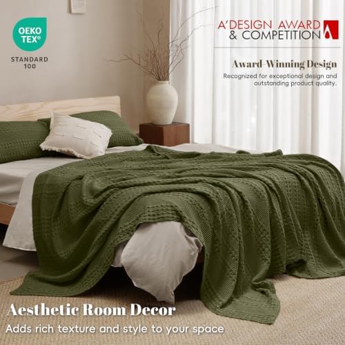 PHF Lightweight 100% Cotton Waffle Blanket for Bed, Queen, Capulet Olive - Image 4