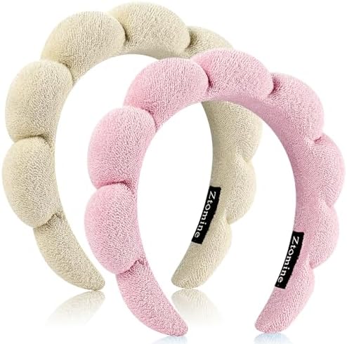 Ztomine Headband, Set of 2 - Terry Cloth Spa Headbands for Washing Face or Facial, Puffy Makeup Headbands for Face Washing, Mask - 1 Beige + 1 Pink by Ztomine