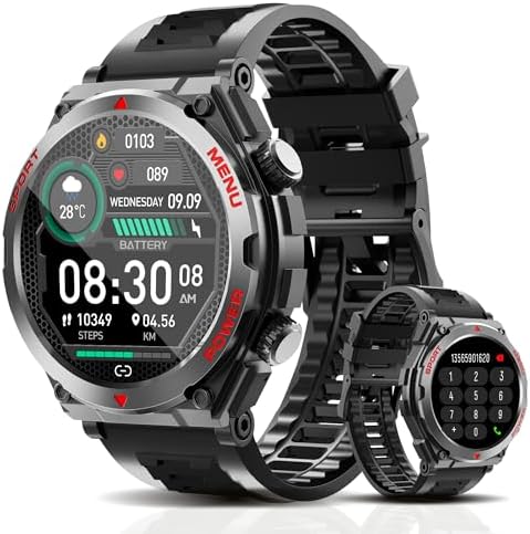Military Smart Watch,1.52-Inch Smartwatch with Text and Call,24/7Heart Rate Sleep Monitor,Blood Oxygen,and Activity Trackers-Compatible with iPhone and Android,for Men and Women (Black up, 1.52) by SmartWatch
