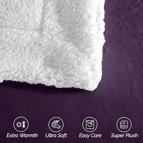 Elegant Comfort Ultra Soft Reversible Flannel Sherpa Blanket - Cozy Silky Fleece Throw for Couch, Bed - Plush Fuzzy Warm Winter Blanket for Gift, Full, Purple - Image 6