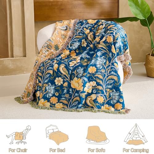 VANJOROY Boho Throw Blanket, 100% Organic Cotton Breathable Ultra Soft 50" x 60" Bed Quilt Blue Throw - All Season Bird Floral Rustic Farmhouse Decor Reversible Blanket for Couch Chair and Gift - Image 2