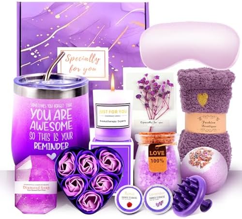 12 Piece Spa Gifts Set for Women, Self Care Gift Basket for Mom Wife Her, Relaxing Gifts with Eye Mask, Water Bottle, Bath Bombs, Aromatherapy for Valentines Day, Birthday, Christmas (Lavender) by Unknown