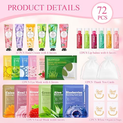 72 Pcs Bulk Gifts For Women, Bulk Facial Mask, Lip Balms, Hand Creams & Under Eye Patches, Spa Party Supplies,Party Favors For Bridal Wedding, Baby Shower,Sleepover Party, Christmas Stocking Stuffers - Image 2