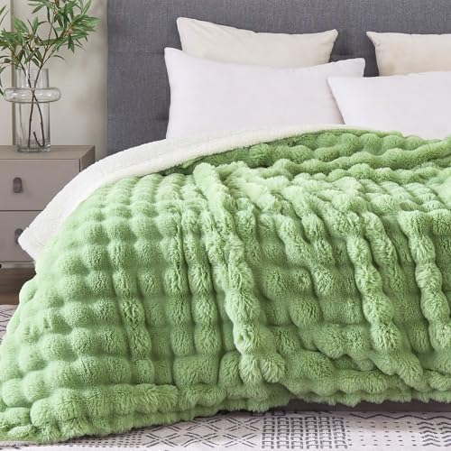 60x80 Inches Ultra-Soft Fuzzy Faux Fur Plush Twin Size Blanket - Thick, Warm Sherpa for Couch, Sofa, Bedroom, Camping - Decorative Blanket for Cozy Warmth, Bubble Light Green by Serenhom