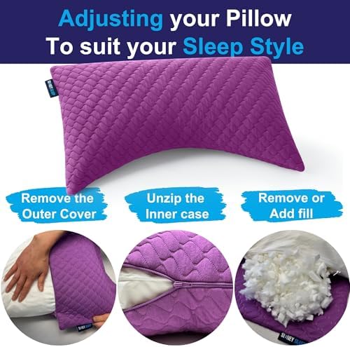 Sidney Sleep Adjustable Bed Pillow for Neck and Shoulder Support with Extra Shredded Fill - Cervical Contour Pillow for Side and Back Sleepers. Standard Size 19" x 26" CertiPUR-US Certified (Magenta) - Image 3