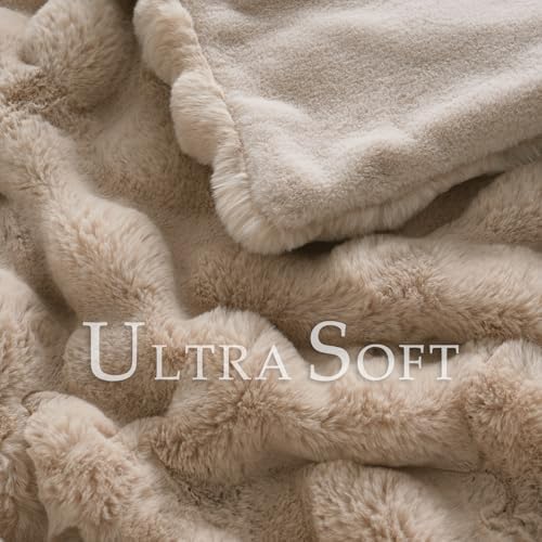 BENVWE Faux Fur Throw Blanket for Couch - Thickened Fluffy Soft Bubble Blanket for Living Room Home Decor - Fathers Day Birthday Gifts for Women Men, Beige, 50" x 60", 1300GSM - Image 3