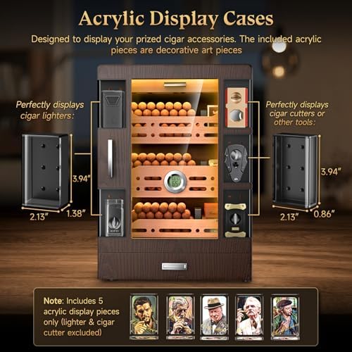 XIFEI Cigar Humidor Cabinet with 5 Acrylic Display Cases, Adjustable LED Lighting, Cedar Wood Shelves & Drawer, Digital Hygrometer, 3 Humidifiers, 100-150 Capacity Desktop Cigar Humidor for Gifts - Image 3