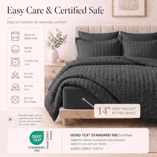 CozyLux Full Size Comforter Set, 7 Pieces Dark Grey Seersucker Bed in a Bag - Image 5