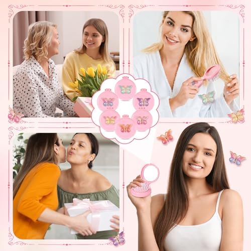 12 Pcs Pink Coquette Butterfly Mini Hair Brushes Folding Mirror Coquette Detangler Brush Bulk Round Compact Massage Scalp Comb for Purse Women Travel Team Gifts Trendy Stuff Party Favors - Image 5