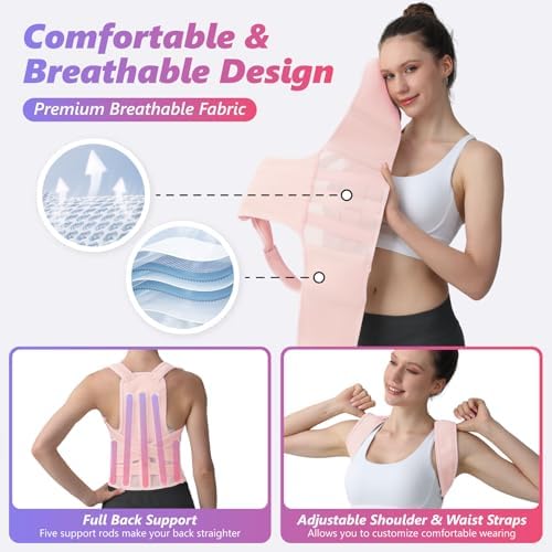 Posture Corrector for Women and Men, Adjustable Shoulder Straightener with Full Back Support, Relief for Lower & Upper Back Pain, Spine, Scoliosis Relief (Pink, Medium) - Image 3