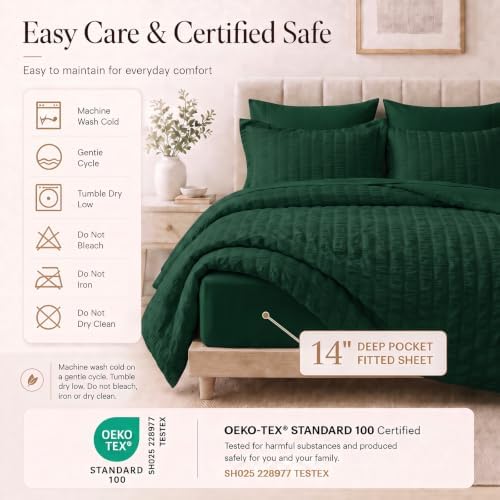 CozyLux Twin XL Comforter Set 5-Piece Emerald Green Seersucker Bed in a Bag - Image 5