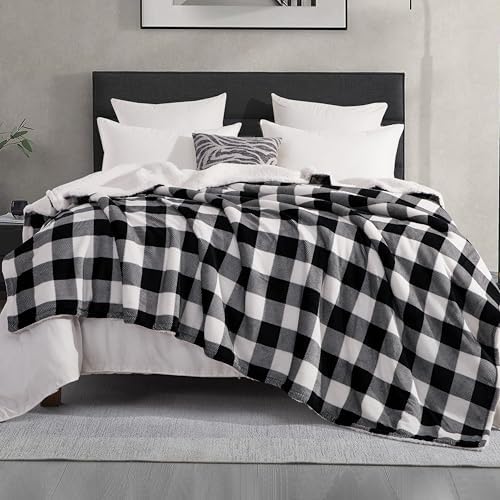 Elegant Comfort Ultra Soft Reversible Buffalo Plaid Flannel Sherpa Blanket - Cozy Silky Checkered Fleece Throw for Couch, Bed - Plush Fuzzy Warm Winter Blanket for Gift, Twin XL, Black - Image 2