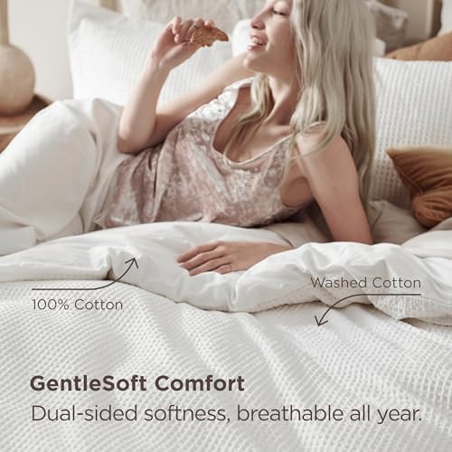 Bedsure PureWoven Cotton Waffle Duvet Cover Set with Fitted Sheet, King - Image 5