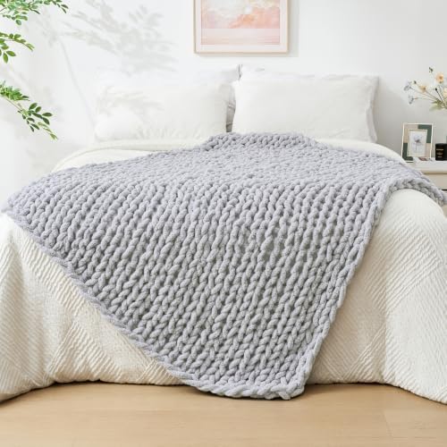 Bigacogo Chunky Knit Throw Blanket for Couch, 40x60 inches, Light Grey by Bigacogo