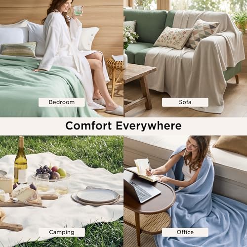 Bedsure 100% Cotton Blanket, Herringbone Weave, Full, Linen Beige - Image 5