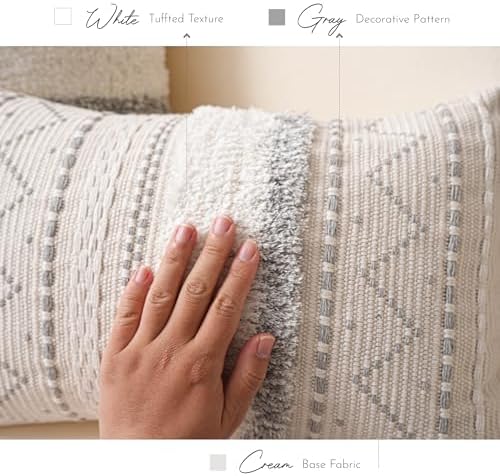 BlissBlush 12x20 Lumbar Pillow Cover, Cream Neutral Rectangular Decorative Cushion Cover with Gray Pattern, Boho Accent Pillowcase with Tassels for Couch Sofa Living Room (Cover Only) - Image 4