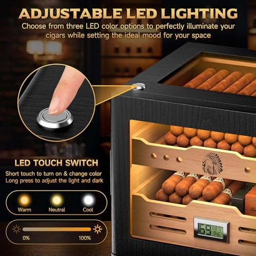XIFEI Cigar Humidor Cabinet, Glass Top Humidors with Adjustable LED Lighting, Acrylic & Glass Tube, Digital Hygrometer, 2 Humidifiers, Cedar Wood Humidor with Accessory Drawer for Gifts - Image 3