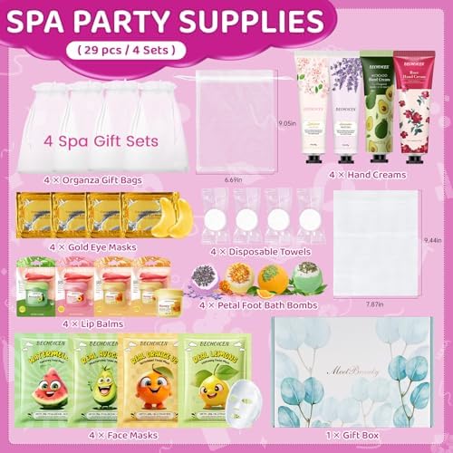 28Pcs spa birthday party supplies,4 Set Spa Party Favors kit with Facial Masks Eye Patches Hand Cream Lip Balm Foot Bath Bombs,Ideal Gift for Sleepovers & Birthdays,Safe for All Skin Types - Image 2
