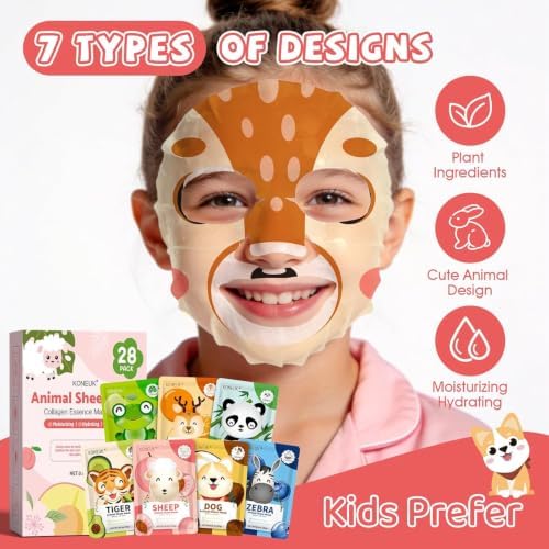 28 Pack Animal Collagen Face Masks for Girls, Bulk Hydrating Face Mask - Image 4