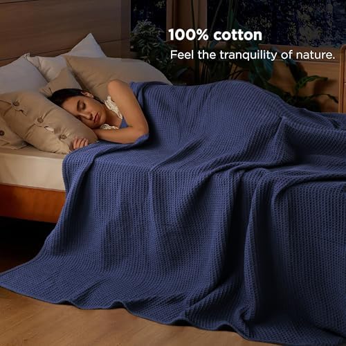 Tex Trend 100% Cotton Waffle Weave Blanket Queen Size - Soft, Breathable Cooling Blanket for Bed, Lightweight Cozy Summer & Spring Bedding, Navy Blue, 90x90 - Image 4
