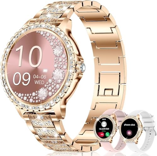 Smart Watches for Women(Make/Answer Call) with Diamond:1.32" Fitness Tracker Watch for HR/Blood Pressure/SpO2/Sleep Monitor,Digital Running Watches for Women Android/iOS,3 Strips by GADIXY