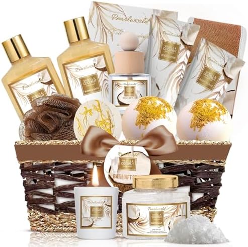 Birthday Gifts Basket for Women, 15pcs Vanilla Coconut Bath Set with Shower Gel, Bubble Bath, Diffuser Oil, Scented Candle, Skin Care Kit Birthday Gift for Women by PEARLWORLD