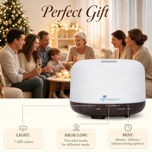 Diffuserlove Essential Oil Diffuser 500ML Aromatherapy Diffuser Mist Humidifiers 7 Color LED Lights Diffusers for Home Office Bedroom (Size:6.7" L x 6.7" W x 4.7" H) - Image 4