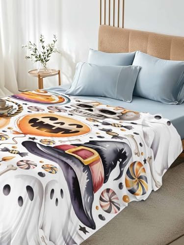Halloween California King Flat Sheet Candy Pumpkin Flat Sheets Only Soft Bedding Top Sheets Hotel Quality Witch Hat Eyeball Skull Ghost Cal King Bed Sheet for All Season Bedroom Dorm Halloween Decor - Image 5