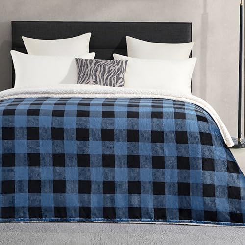 Elegant Comfort Ultra Soft Reversible Buffalo Plaid Flannel Sherpa Blanket - Cozy Silky Checkered Fleece Throw for Couch, Bed - Plush Fuzzy Warm Winter Blanket for Gift, Full, Blue - Image 4