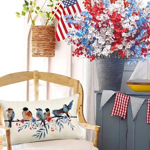 RABUSOFA 4th of July Memorial Day Patriotic Lumbar Throw Pillow Cover,12x20 Inch Red White and Blue Birds Flowers Independence Day American Fourth of July Decoration for Sofa Couch - Image 2