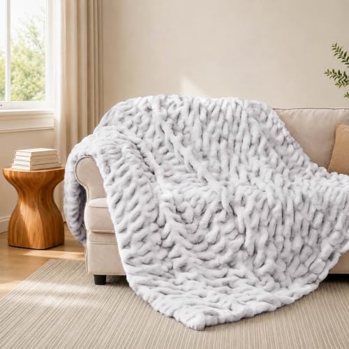 Touchat Ruched Rabbit Faux Fur Throw Blanket,Fluffy Soft Cozy,Tie-dye Gray - Image 6