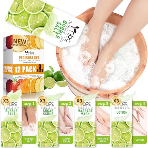 Pedicure Kit Foot Soak Set: Bubble Salt, Sugar Scrub, Massage Mask, Massage Lotion in a Box, 4 Step Foot Spa Kit for Dry Feet(3 Set Lemon) by nbcBeautiLab