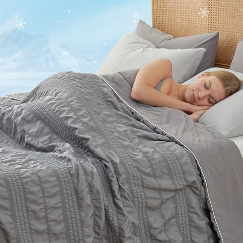 Cozy Bliss Seersucker Cooling Comforter Queen Size, Q-Max 0.45 Reversible Lightweight Cooling Blanket, Breathable Silk Smooth Summer Bedding Quilt for Hot Sleepers Night Sweats Dark Grey - Image 2