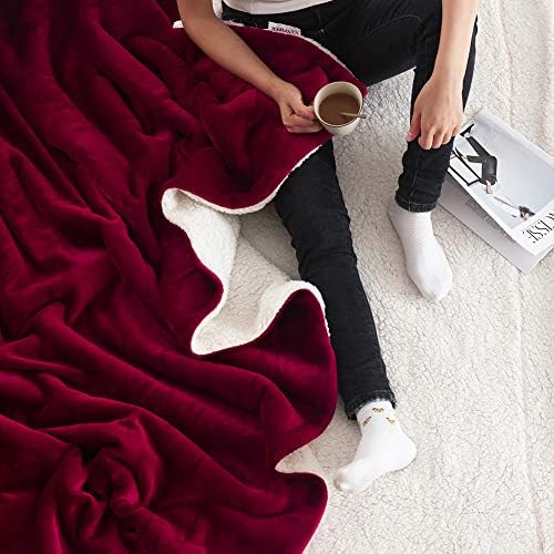 NANPIPER Bed Blanket Reversible Sherpa Flannel Blanket Super Soft Fuzzy Plush Fleece Microfiber (90"x90" Wine Red) Queen - Image 3