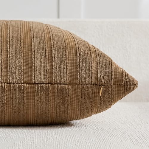 DEZENE 18x18 Brown Throw Pillow Covers Pack of 2 Soft Striped Corduroy Square Rustic Farmhouse Pillow Cases for Couch Sofa Bedroom Living Room Home Decor - Image 3