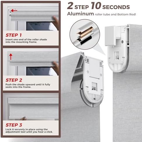Allesin zen No Drill No Tools 100% Blackout Roller Shades for Windows, UV Protection, Free-Stop, Cordless Roller Blinds, Custom Blinds for Home, Office, Bedroom, Light Gray, Custom Size - Image 2