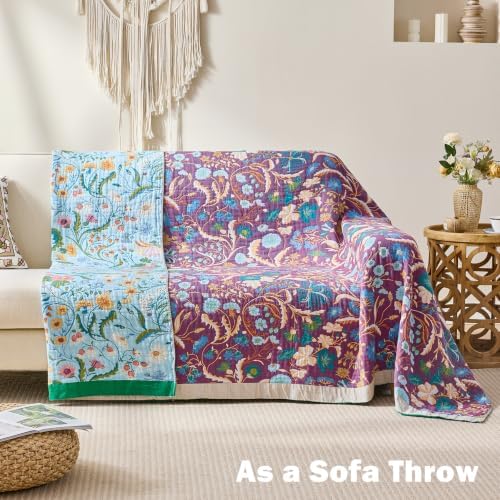 VANJOROY Boho Throw Blanket, 100% Organic Cotton Breathable Skin-Friendly Ultra Soft 80" x 90" Bed Quilt Blue Throw - Floral Rustic Luxury Reversible Blanket for Sofa Couch Chair and Gift, - Image 2
