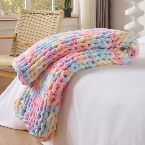 Bigacogo Chunky Knit Throw Blanket for Couch, 40x60 inches, Pink Blue Mix by Bigacogo