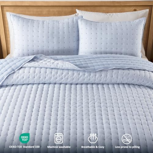 WDCOZY Blue Oversized King Quilt Set, California Cal King Rustic Bedspread, Textured Like Linen, Lightweight Soft Farmhouse Coverlet, Spring Summer Thin Comforter, 3 Pieces, 116x106 inches - Image 3