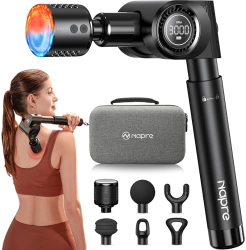 NAPRE Massage Gun with Heat and Cold Head,Deep Tissue Percussion Back Massager for Muscle/Neck/Body Pain Relief with Long Extension Retractable Handle,32-Speeds,Foldable with 5 Adjustable Angles by Napre