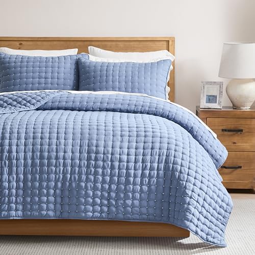 WDCOZY Blue King Size Quilt Bedding Sets with Pillow Shams, Lightweight Soft Bedspread Coverlet, Quilted Blanket Thin Comforter Bed Cover, All Season Summer Spring, 3 Pieces, 104x90 inches by WDCOZY