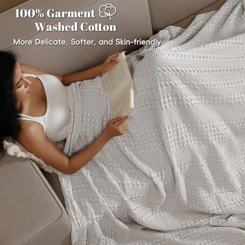 PHF Lightweight 100% Cotton Waffle Blanket, Oversized King, Light Grey - Image 3
